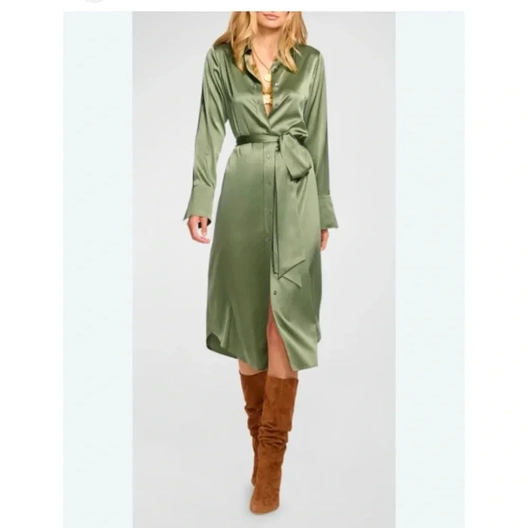 DKNY silky shirt dress size 6 olive green button down side slits - Picture 1 of 10